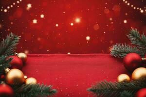 Christmas background with xmas tree and sparkle bokeh lights on red canvas background. Merry christmas card. Winter holiday theme. Happy New Year. Space for text. generative ai. photo