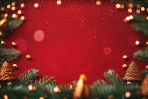 Christmas background with xmas tree and sparkle bokeh lights on red canvas background. Merry christmas card. Winter holiday theme. Happy New Year. Space for text. generative ai. photo