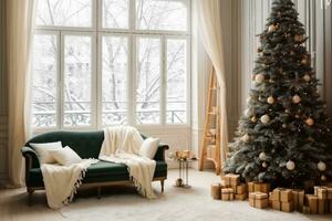 Christmas decor. Bright interior of the living room with large Windows, elegant Christmas tree with toys and garlands and a soft cozy sofa.generative ai. photo