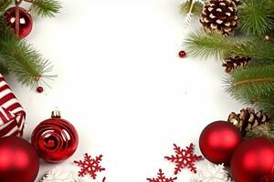 Navidad todavía vida. rojo juguetes, abeto ramas y decorativo Navidad adornos en un blanco antecedentes. generativo ai. foto