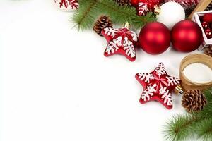 Navidad todavía vida. rojo juguetes, abeto ramas y decorativo Navidad adornos en un blanco antecedentes. generativo ai. foto