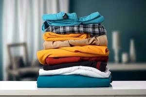 Stack of colorful clothes. Pile of clothing on table empty space background. Laundry and household. generative ai. photo