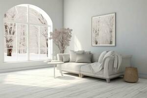 elegante habitación en blanco color con sofá y invierno paisaje en ventana. escandinavo interior diseño. 3d ilustración. generativo ai. foto