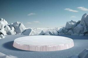 3d render winter platform and natural podium background, Ice podium on the ice snow rock product display ,advertising, cosmetic skincare with empty round stage. generative ai. photo