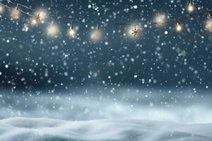 Snowy night with light garlands, falling snow, snowflakes, snowdrift for winter and new year holidays. Holiday winter landscape. Christmas vector background.generative ai. photo