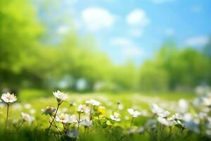 Beautiful blurred spring background nature with blooming glade, trees and blue sky on a sunny day. generative ai. photo