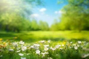 Beautiful blurred spring background nature with blooming glade, trees and blue sky on a sunny day. generative ai. photo