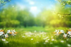 Beautiful blurred spring background nature with blooming glade, trees and blue sky on a sunny day. generative ai. photo