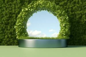 platform and Natural podium background on the grass field with green leaf arch door for product display, Blank showcase, mock up template or cosmetic presentation. generative ai. photo