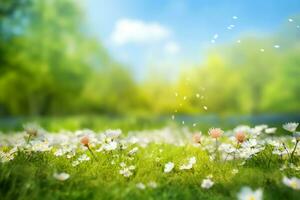 Beautiful blurred spring background nature with blooming glade, trees and blue sky on a sunny day. generative ai. photo