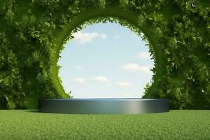 platform and Natural podium background on the grass field with green leaf arch door for product display, Blank showcase, mock up template or cosmetic presentation. generative ai. photo