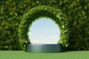 platform and Natural podium background on the grass field with green leaf arch door for product display, Blank showcase, mock up template or cosmetic presentation. generative ai. photo