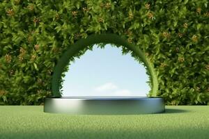 platform and Natural podium background on the grass field with green leaf arch door for product display, Blank showcase, mock up template or cosmetic presentation. generative ai. photo