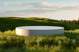 Blank Round White Showcase on Green Grass at Heaven Meadow. Copy Space. Empty Space. 3d rendering. generative ai. photo