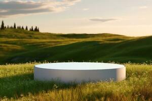 Blank Round White Showcase on Green Grass at Heaven Meadow. Copy Space. Empty Space. 3d rendering. generative ai. photo