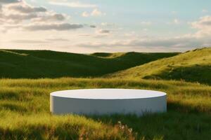 Blank Round White Showcase on Green Grass at Heaven Meadow. Copy Space. Empty Space. 3d rendering. generative ai. photo