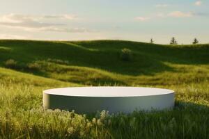 Blank Round White Showcase on Green Grass at Heaven Meadow. Copy Space. Empty Space. 3d rendering. generative ai. photo