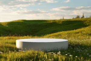 Blank Round White Showcase on Green Grass at Heaven Meadow. Copy Space. Empty Space. 3d rendering. generative ai. photo
