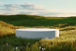 Blank Round White Showcase on Green Grass at Heaven Meadow. Copy Space. Empty Space. 3d rendering. generative ai. photo