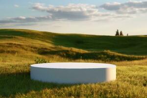 Blank Round White Showcase on Green Grass at Heaven Meadow. Copy Space. Empty Space. 3d rendering. generative ai. photo