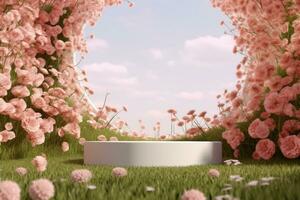 Natural beauty podium backdrop with spring flower field. 3d rendering. gerative ai. photo