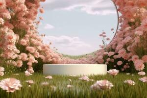 Natural beauty podium backdrop with spring flower field. 3d rendering. gerative ai. photo