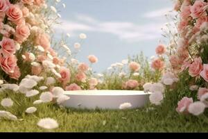 Natural beauty podium backdrop with spring flower field. 3d rendering. gerative ai. photo