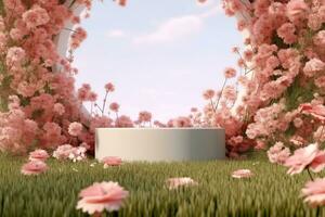 Natural beauty podium backdrop with spring flower field. 3d rendering. gerative ai. photo