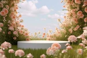 Natural beauty podium backdrop with spring flower field. 3d rendering. gerative ai. photo