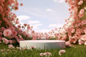 Natural beauty podium backdrop with spring flower field. 3d rendering. gerative ai. photo