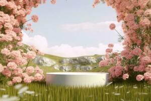 Natural beauty podium backdrop with spring flower field. 3d rendering. gerative ai. photo