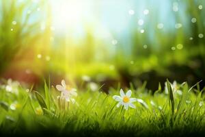 Beautiful meadow field with fresh grass and yellow dandelion flowers in nature against a blurry blue sky with clouds. Summer spring perfect natural landscape.generative ai. photo