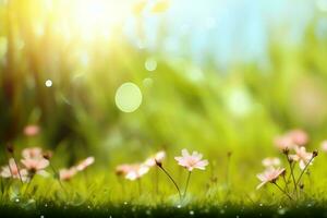 Beautiful meadow field with fresh grass and yellow dandelion flowers in nature against a blurry blue sky with clouds. Summer spring perfect natural landscape.generative ai. photo