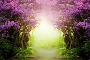 Fantasy background. Magic forest.Beautiful spring landscape.Lilac trees in blossom, generative ai. photo