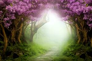 Fantasy background. Magic forest.Beautiful spring landscape.Lilac trees in blossom, generative ai. photo