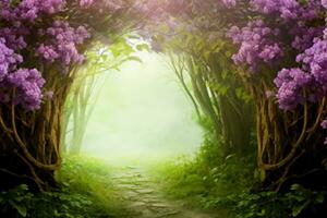 Fantasy background. Magic forest.Beautiful spring landscape.Lilac trees in blossom, generative ai. photo