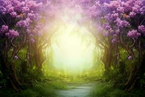 Fantasy background. Magic forest.Beautiful spring landscape.Lilac trees in blossom, generative ai. photo