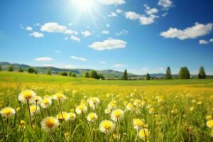 campo con amarillo diente de león y azul cielo. generativo ai. foto