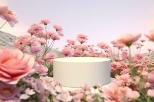 Natural beauty podium backdrop with spring rose flower field scene. 3d rendering.generative ai. photo