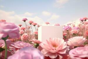 Natural beauty podium backdrop with spring rose flower field scene. 3d rendering.generative ai. photo