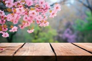 old wood floor with pink Sakura flowers blooming blossom blurred background. generative ai. photo