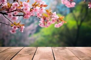 antiguo madera piso con rosado sakura flores floreciente florecer borroso antecedentes. generativo ai. foto