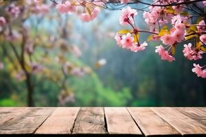 old wood floor with pink Sakura flowers blooming blossom blurred background. generative ai. photo