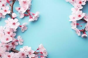 Sakura blossom flowers and may floral nature on blue background. For banner, branches of blossoming cherry against background. Dreamy romantic image, landscape panorama, copy space. generative ai. photo