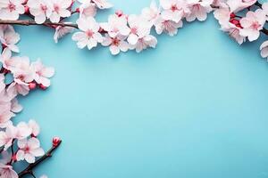 Sakura blossom flowers and may floral nature on blue background. For banner, branches of blossoming cherry against background. Dreamy romantic image, landscape panorama, copy space. generative ai. photo