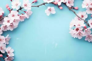 Sakura blossom flowers and may floral nature on blue background. For banner, branches of blossoming cherry against background. Dreamy romantic image, landscape panorama, copy space. generative ai. photo