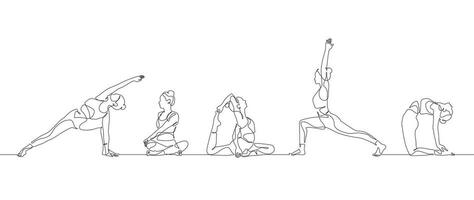 continuo uno línea dibujo grupo de mujer haciendo yoga. aerobio deporte niña ejercicio vector