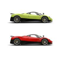 Mad green and fury red sport super cars - side view photo