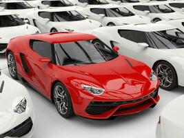 Red sports car stands out amongst white cars - closeup shot - 3D Illustration photo