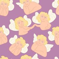 Angels. Vector seamless pattern on pink background. Cute childish illustration
